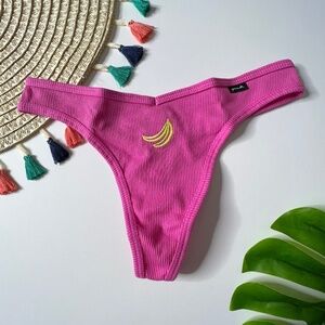 Victoria's Secret PINK Cotton Thong Panty Pink w Banana Embroidery Large NEW